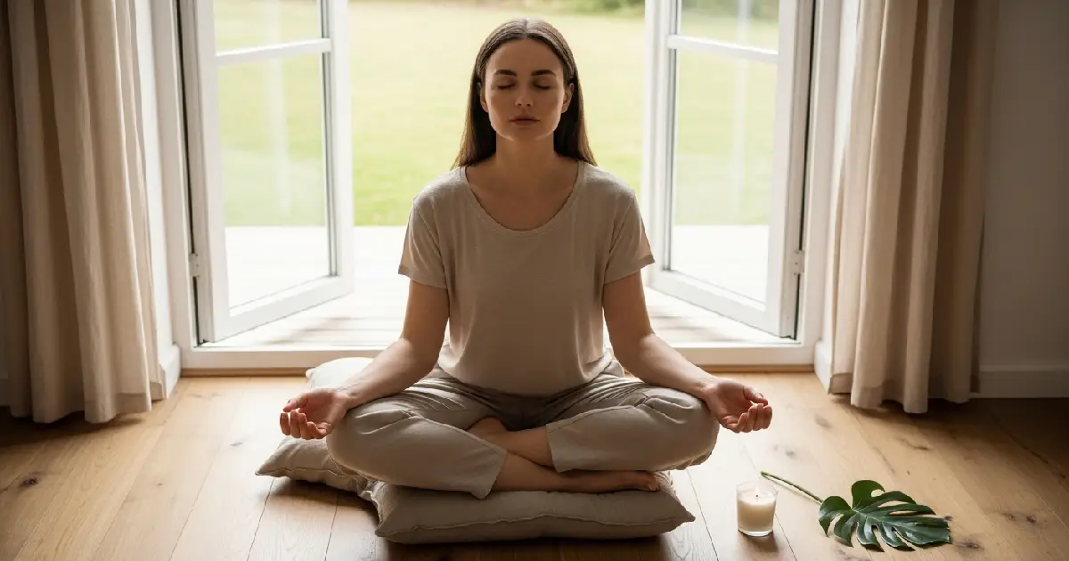 Woman sitting cross-legged with closed eyes practicing a five-minute breathing meditation in a calm, sunlit room with soft natural light.