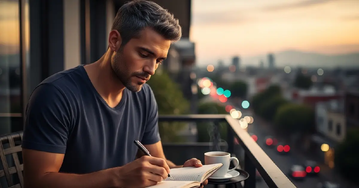 Nevaj sitting on his Mexico balcony at dusk writing his friendship manifestation list and New Year resolution