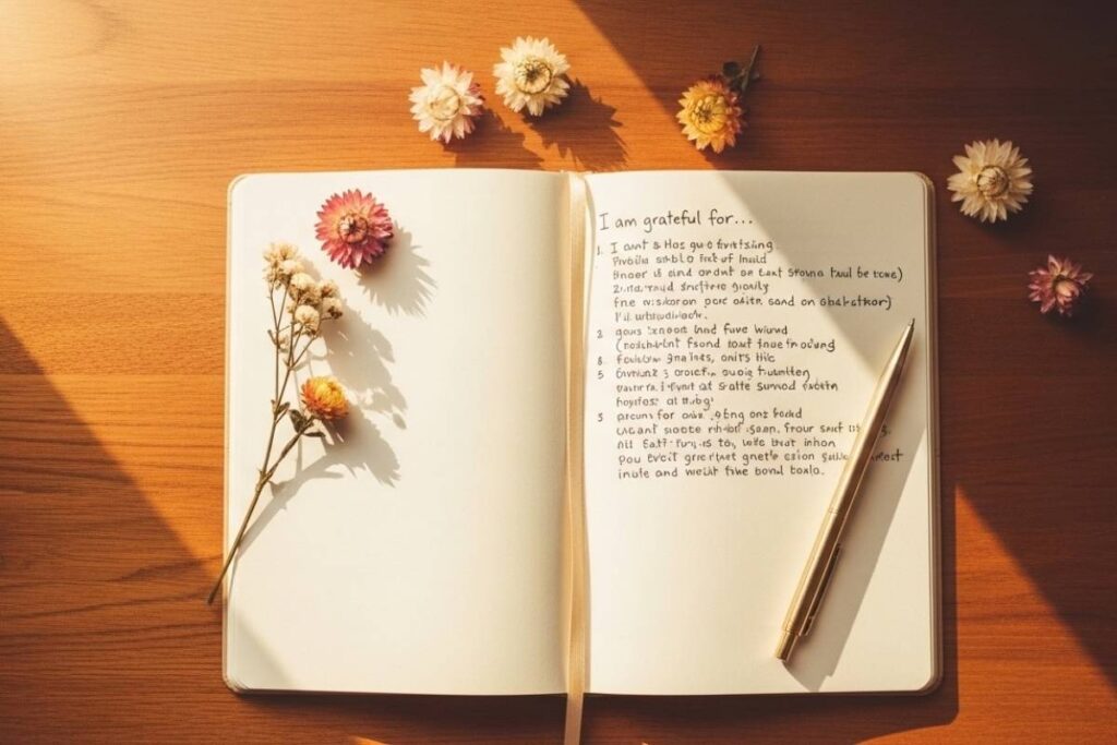 Gratitude Journal Practice Law of Attraction The Secret Open journal with handwritten gratitude quotes law of attraction the secret and a small pen beside it