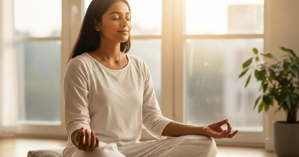 A woman practicing how to focus on your breath meditation seated near a sunlit window with eyes closed and hands resting peacefully on her knees
