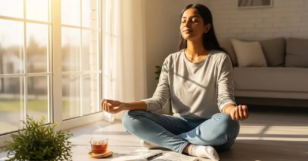 Young woman practicing how to manifest something instantly simple using morning visualization and journaling near a sunlit window