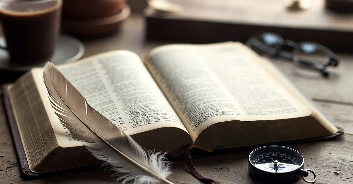 Open Bible next to a compass and a single white feather on a wooden table, symbolizing the question: Is the Law of Attraction in the Bible?