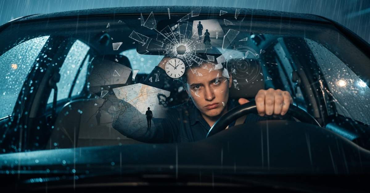 law of attraction opposite effect concept with frustrated person in car during rain
