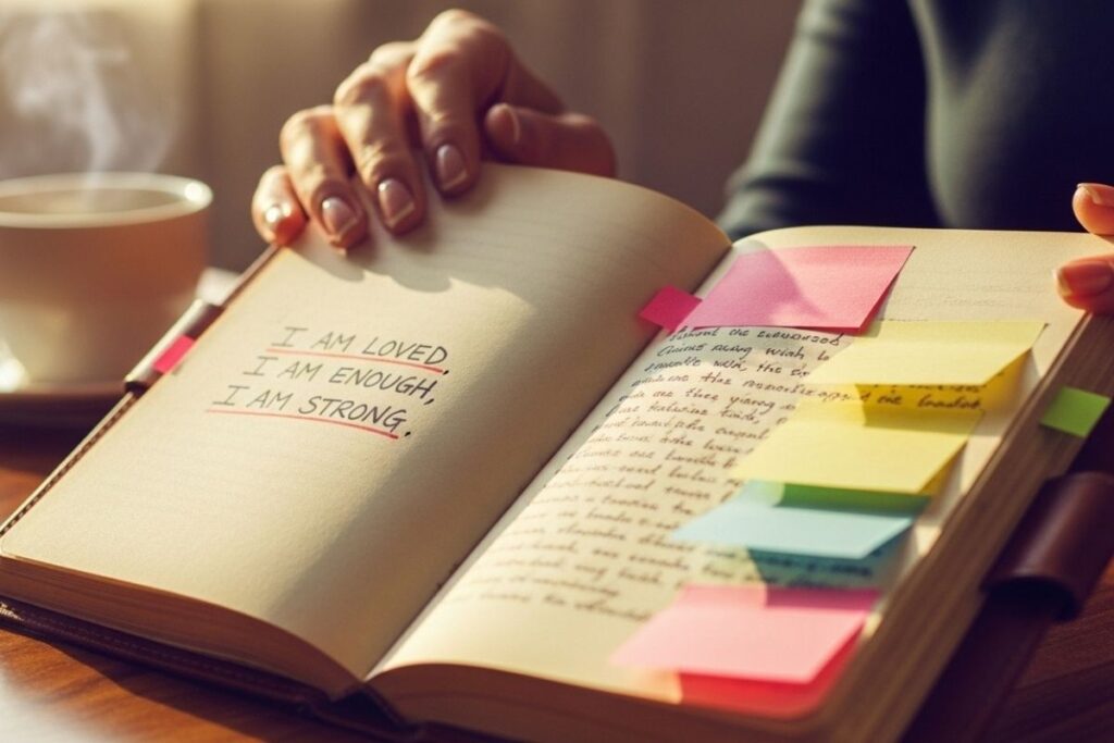 Close up of law of attraction scripting examples for soulmate written in a journal with sticky notes