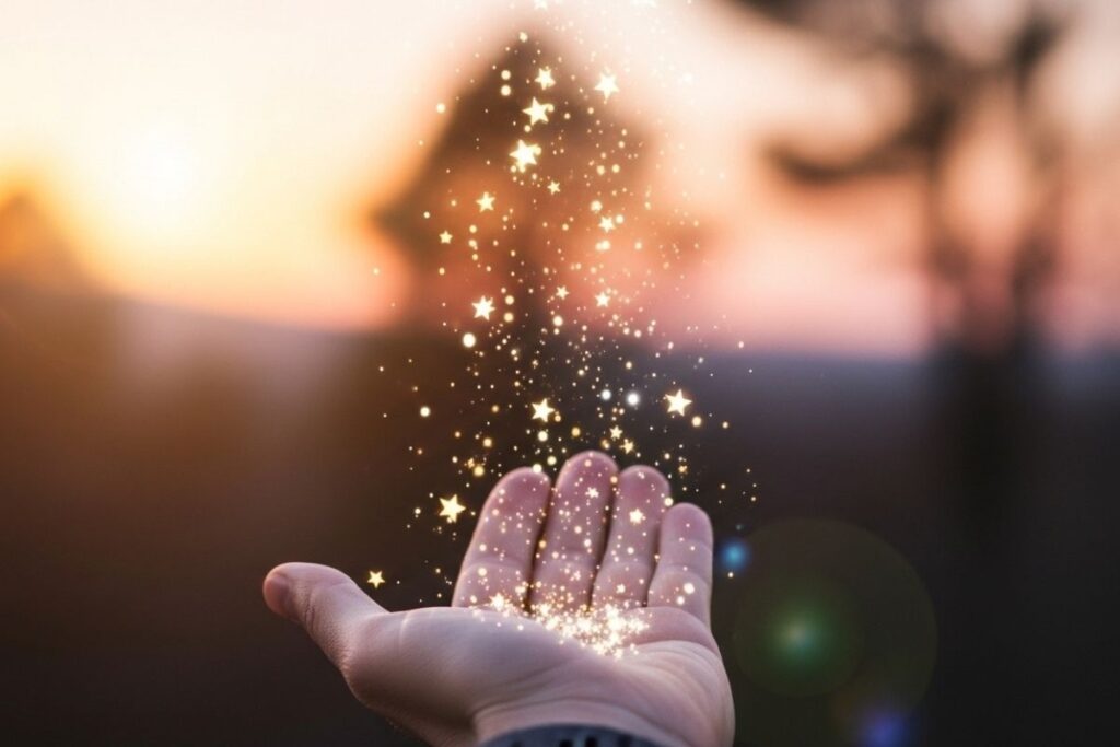 Open hands releasing light symbolizing letting go while using law of attraction for love- using-law-of-attraction-for-love