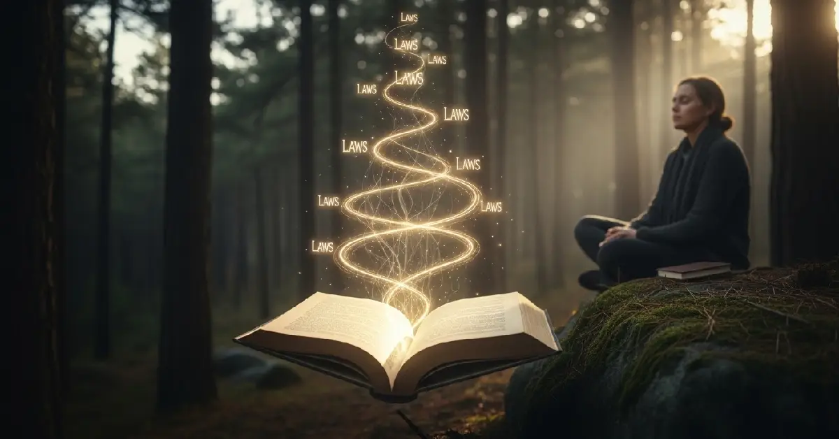 An open vintage book floating in a dark forest at dawn with seven golden glowing lines rising from its pages, representing the lost laws of manifestation, while a person sits calmly on a rock nearby with a journal.