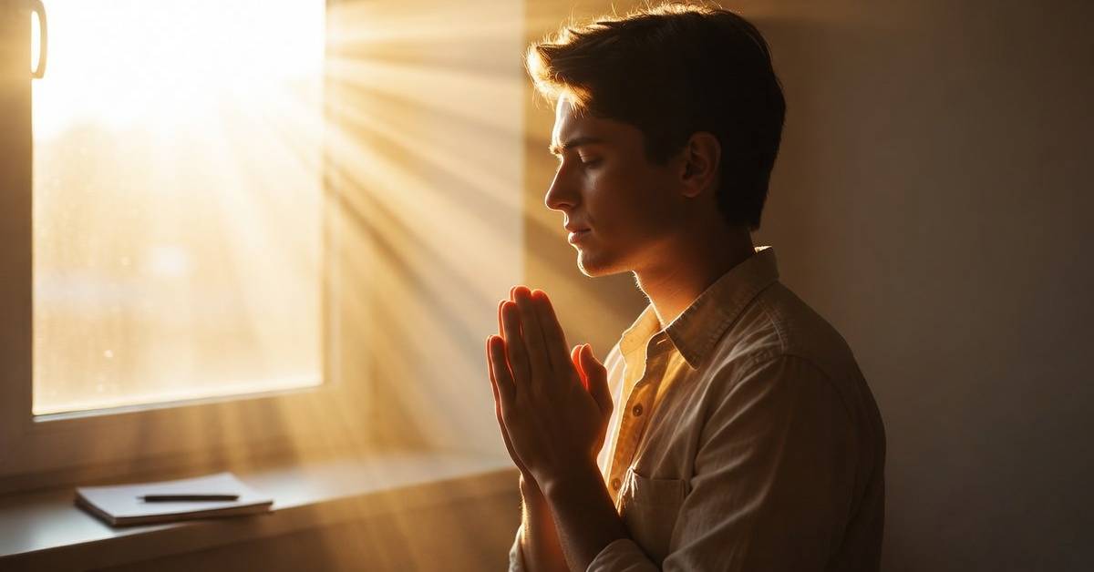person practicing manifestation prayer for success in a calm peaceful environment with morning sunlight and journal