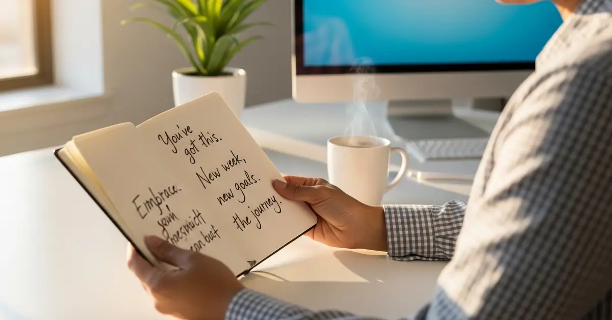 person reading monday affirmations for work at desk with notebook and coffee in a calm morning workspace