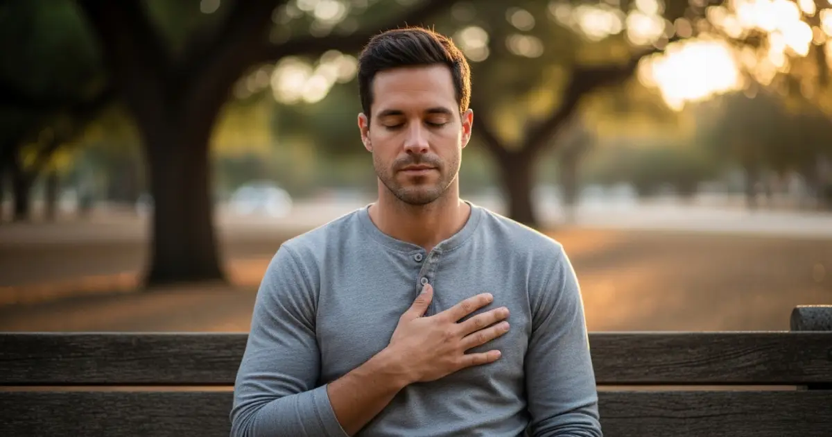 A man sitting calmly on a park bench in morning light practicing daily affirmations for men anxiety relief.