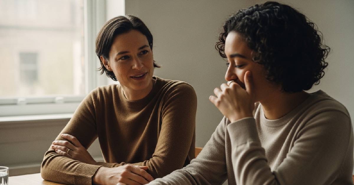Two people engaged in a sincere conversation, illustrating the power of speaking positive affirmations for others in a supportive setting.