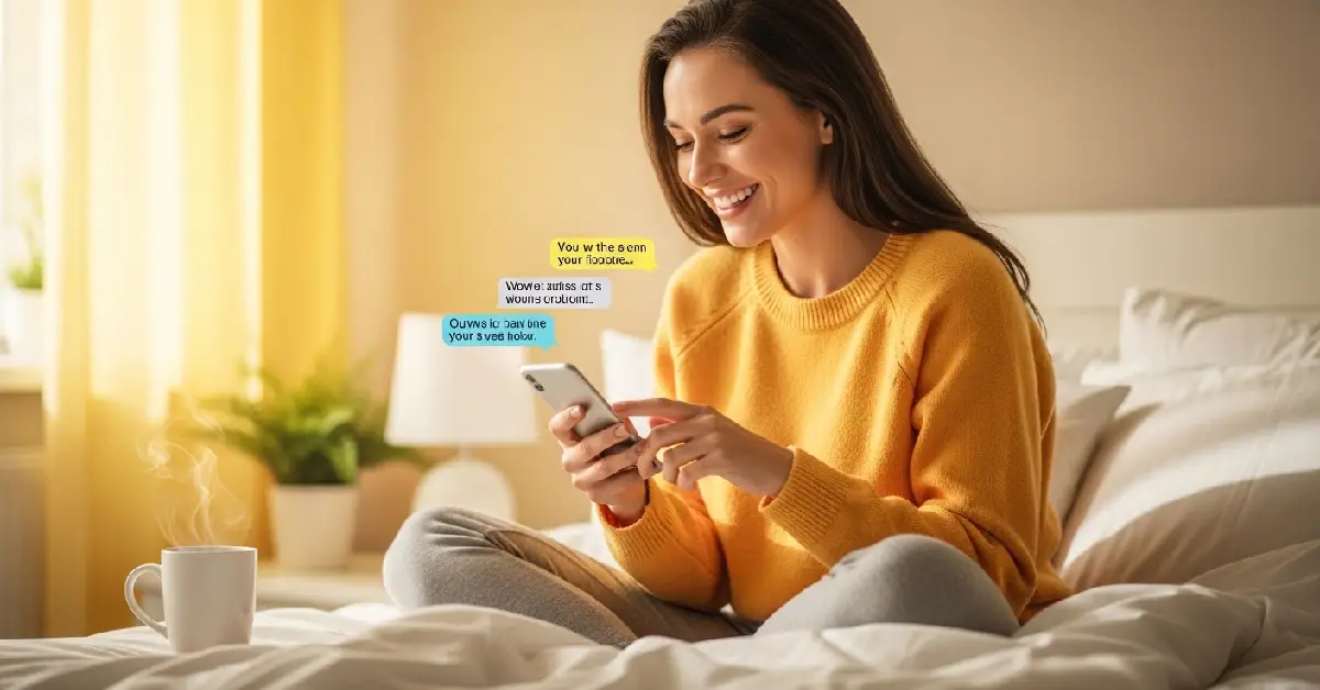 A woman smiling while sending positive good morning quotes for him funny on her phone, with coffee by her side on a sunny morning