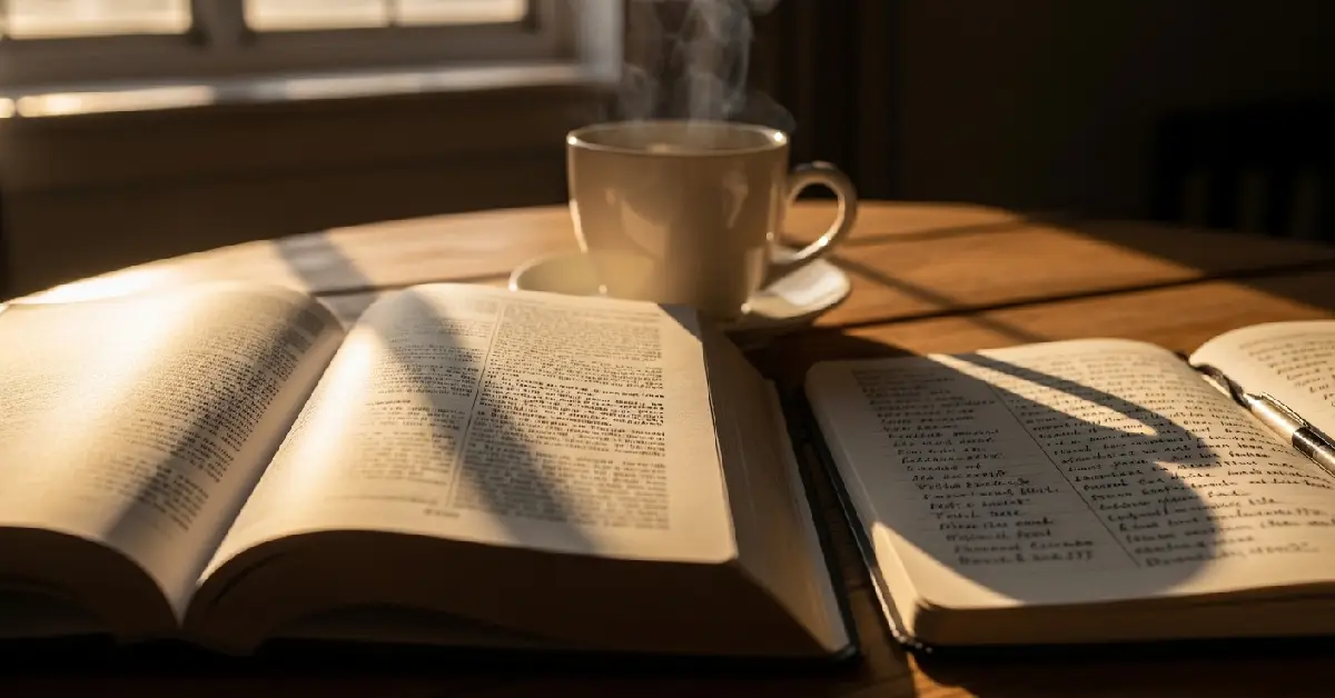 Open Bible displaying positive thinking verses about life with morning sunlight and coffee on wooden table
