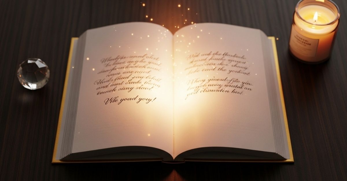 Open vintage book with glowing light and handwritten quotes about law of attraction the secret on wooden table
