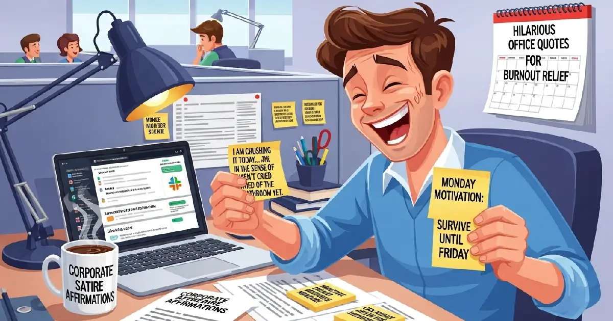 Humorous cartoon of an office worker using sarcastic daily affirmations for work, funny work affirmations, and hilarious office quotes to survive corporate burnout and Monday motivation at a cluttered desk