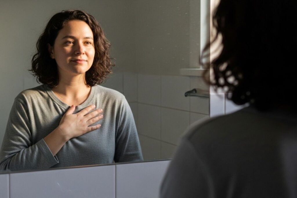 Person practicing self love techniques law of attraction attract ideal partner in front of a mirror