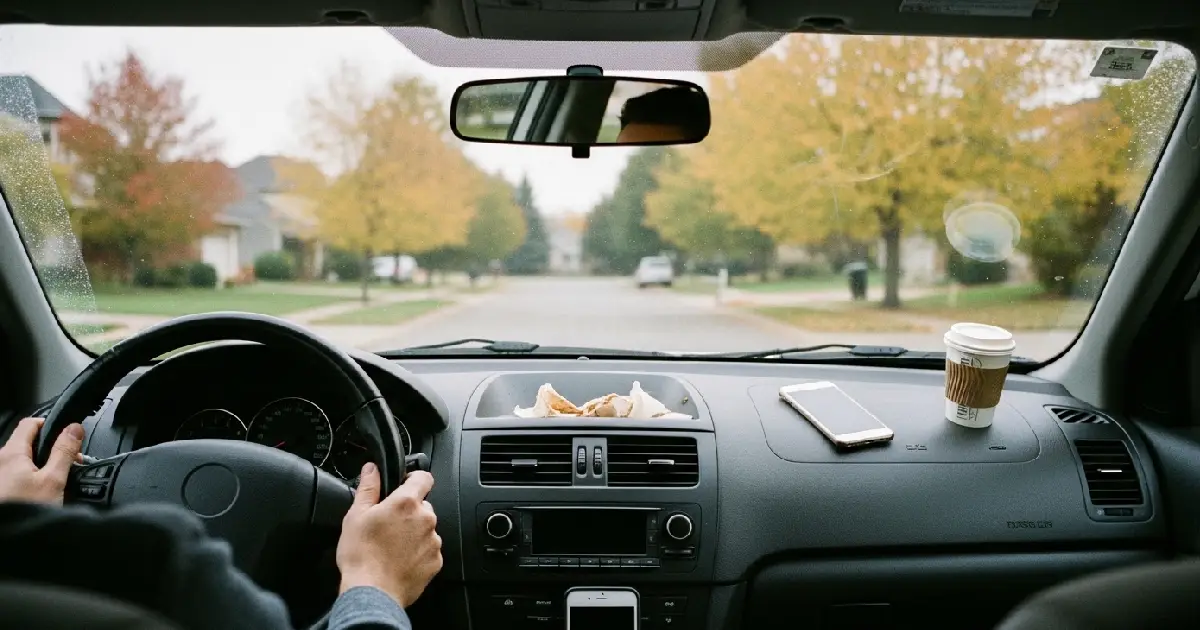 Person sitting in car before work taking a deep breath to practice short daily affirmations for work stress relief on a cloudy morning.