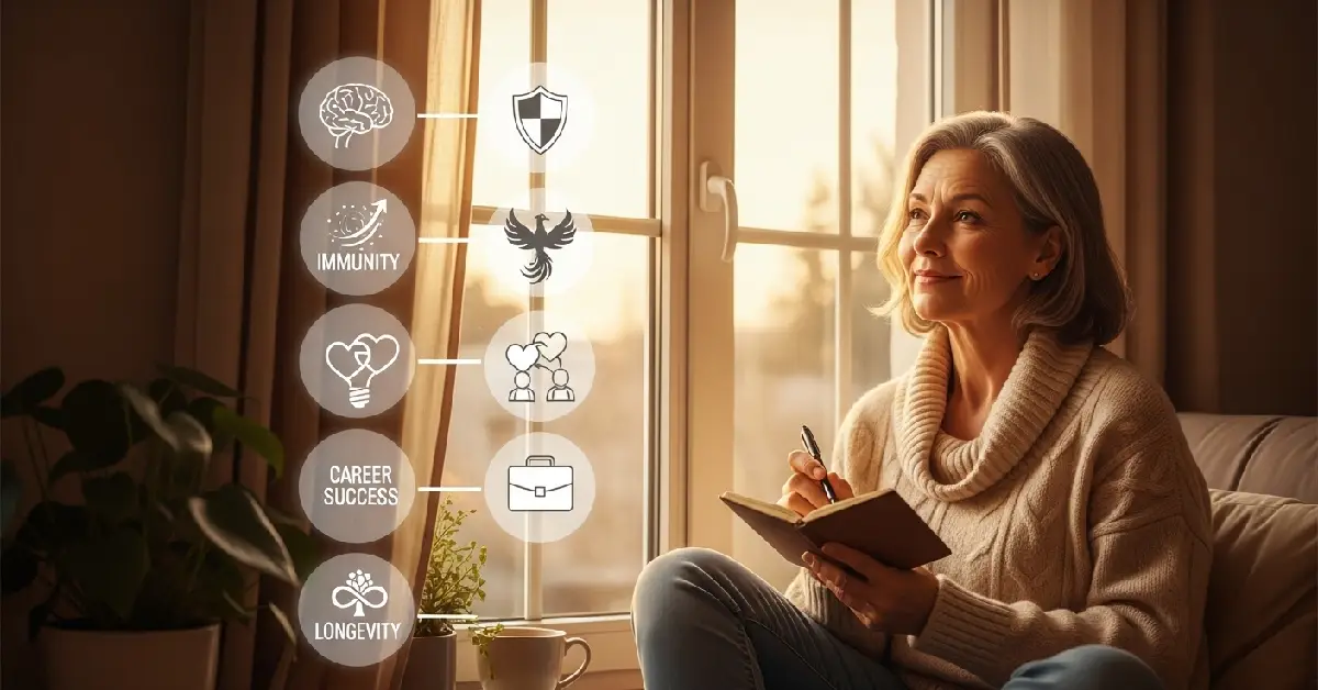 Woman journaling by a sunny window with six glowing icons representing the six advantages of positive thinking: mental health, immunity, resilience, relationships, career success, and longevity