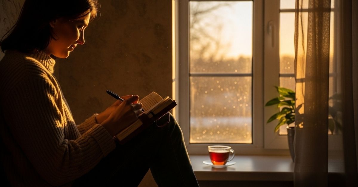 A person journaling while using law of attraction for love in a peaceful morning setting