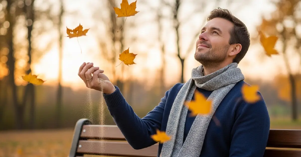A calm man sitting on a park bench letting sand fall from his open hand, symbolizing the law of detachment and releasing control