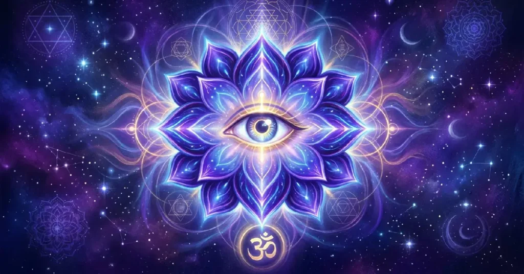Beautiful glowing indigo Ajna chakra lotus with third eye symbol representing spiritual awakening