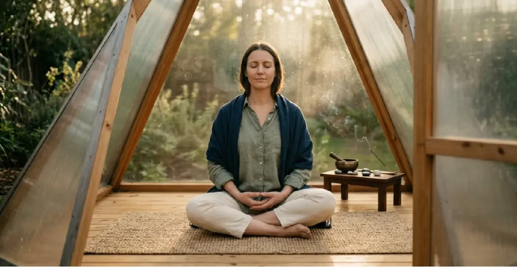 Woman meditating inside a pyramid structure experiencing higher consciousness and inner peace