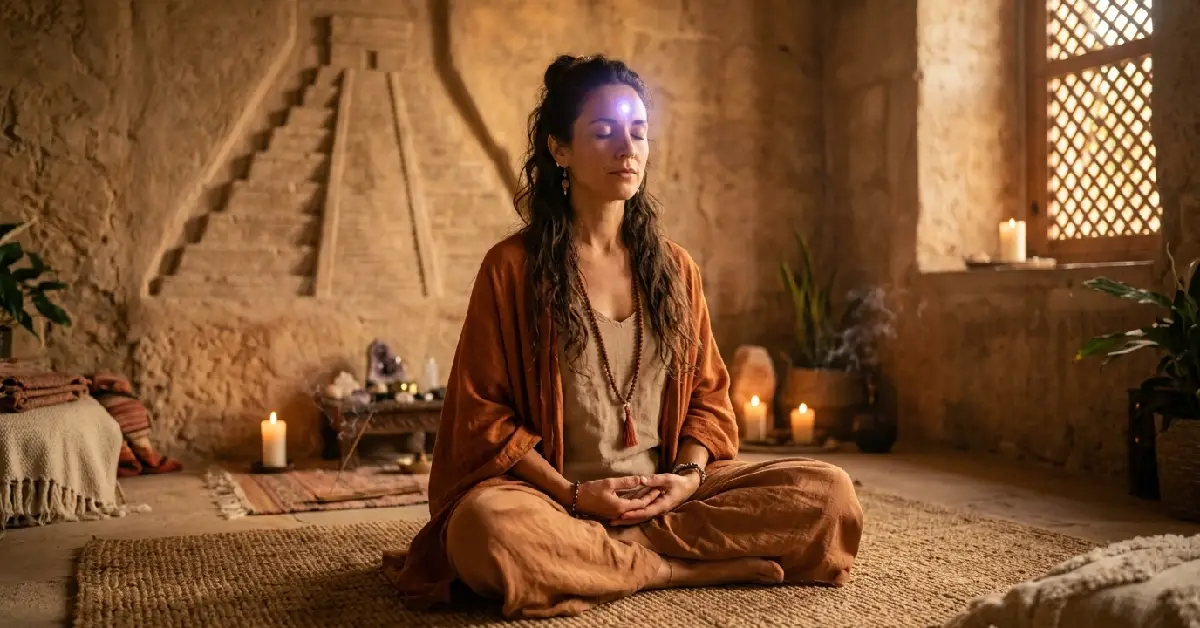 Serene woman experiencing third eye awakening with glowing indigo light on her forehead during meditation