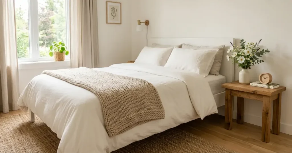 Decluttered serene bedroom with natural materials demonstrating positive energy home setup ideas