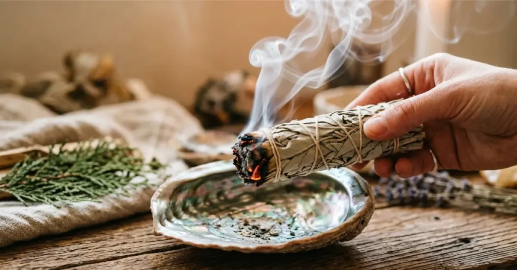Sage smudge stick burning for energy cleansing home and mind practices