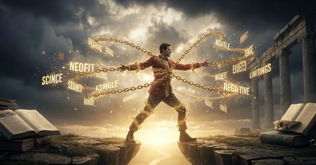 Person dramatically breaking free from chains of limiting beliefs with golden light of transformation ahead