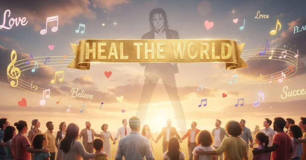 Diverse group of people from around the world united in heal the world affirmations inspired by Michael Jackson, holding hands with glowing hearts and musical notes