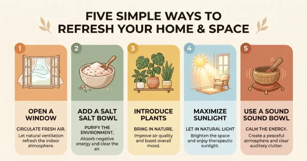 Infographic showing simple daily habits for creating high frequency environment