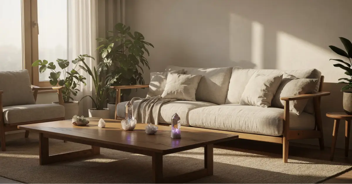 Peaceful sunlit living room with natural elements showing how your environment affects your frequency