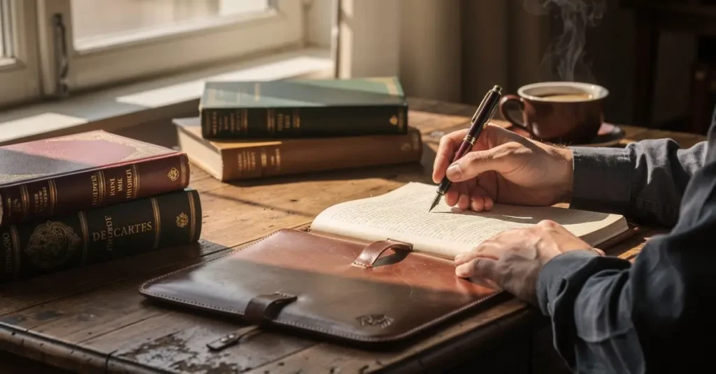Person journaling while surrounded by philosophy books to identify and change limiting beliefs