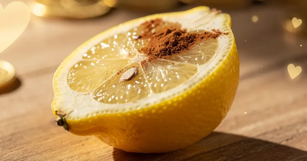 Halved lemon with cinnamon for lemon affirmations for money and lemon abundance manifestation method with positive energy