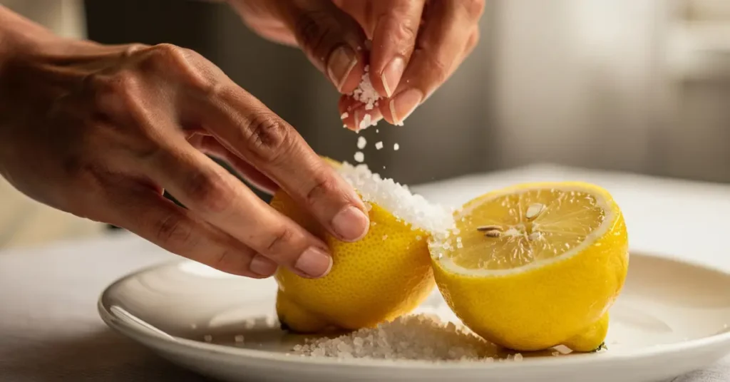 Hands performing lemon spiritual cleansing ritual by cutting fresh lemon and sprinkling sea salt on white plate