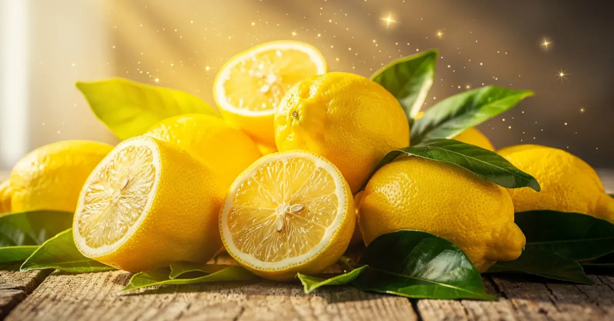 Bright fresh lemons with golden sunlight rays on wooden table – perfect for manifest affirmation with lemon ritual and abundance manifestation