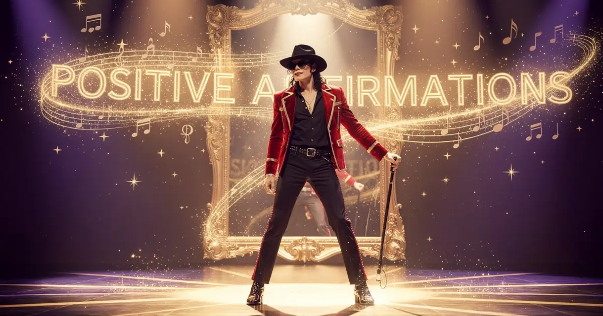 Michael Jackson standing confidently on stage with glowing positive affirmations energy and mirror reflection symbolizing self-belief