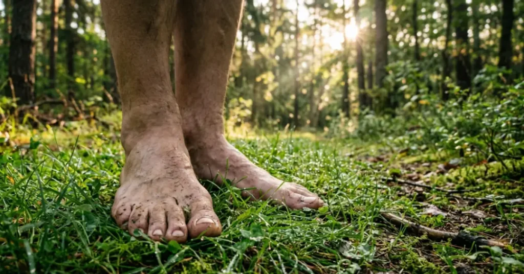 Person walking barefoot on grass practicing earthing to raise your vibration environment