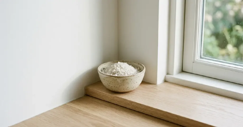 Small sea salt bowl placed in room corner to remove negative energy from surroundings