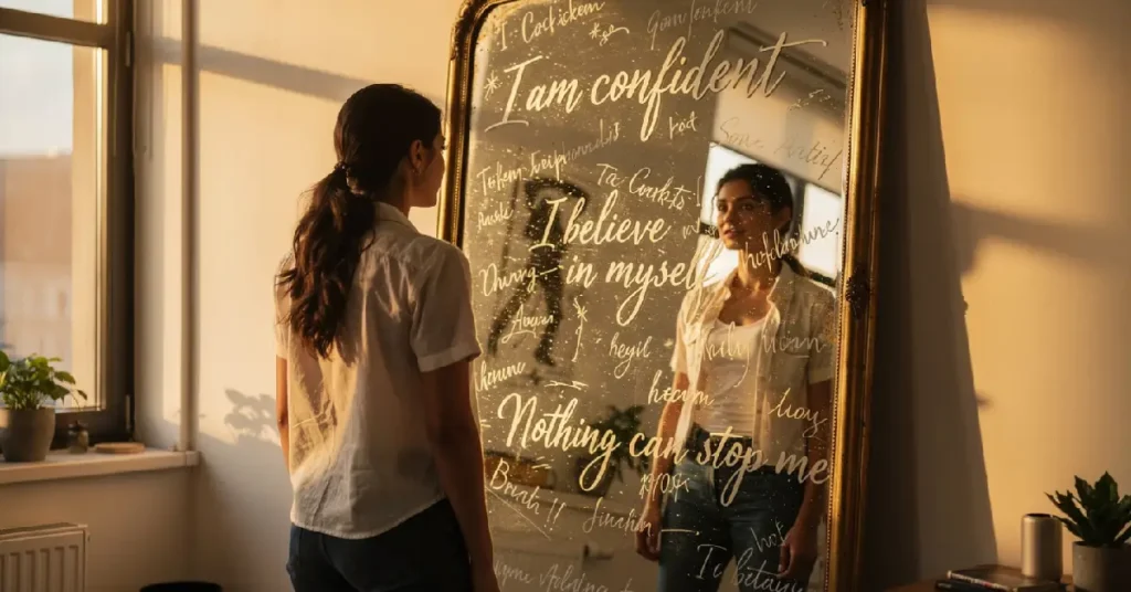 Person practicing self-belief affirmations like Michael Jackson in front of a mirror filled with powerful handwritten positive affirmations