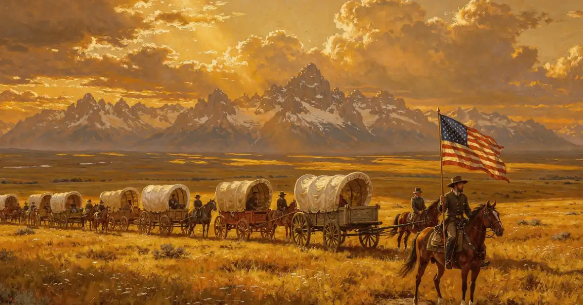 What is manifest destiny — 19th-century American settlers traveling westward across the frontier in covered wagons, with the Rocky Mountains in the background, representing the era of manifest destiny and westward expansion